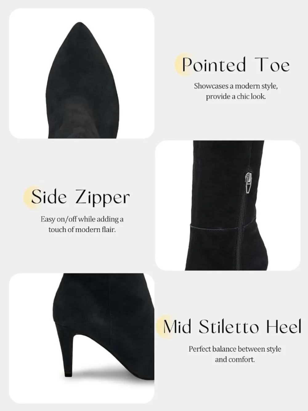 Women's Black Faux Suede Wide Calf Pointed Toe Stylish Side Zipper Long Boots